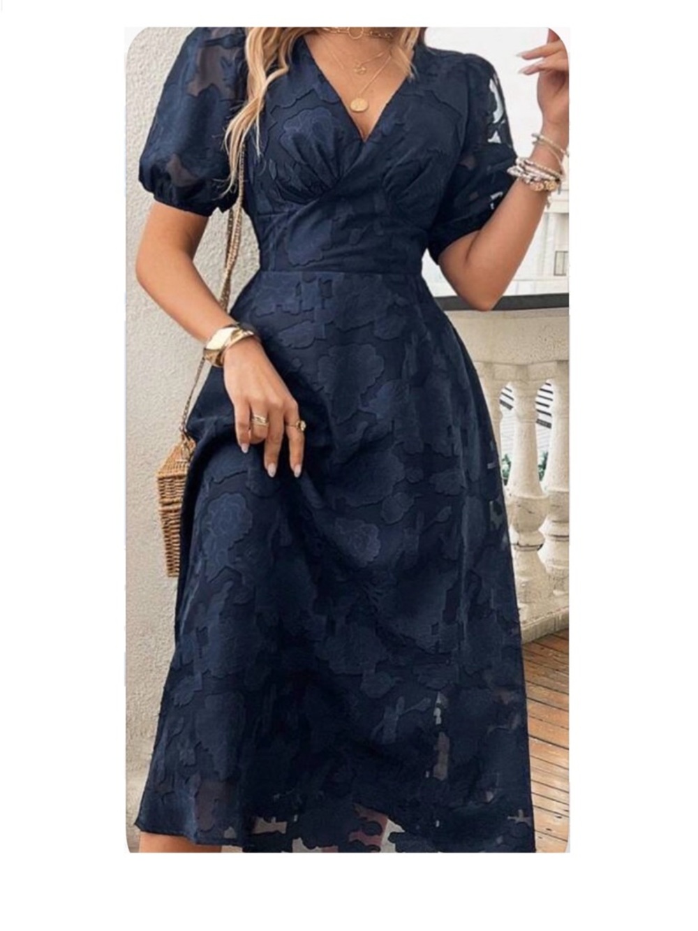 Elegant Navy Floral Lace Midi Dress with Puff Sleeves